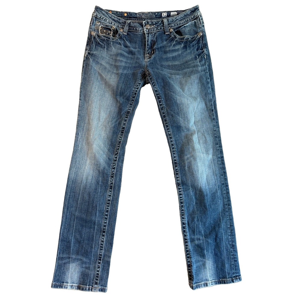 Miss Me Straight Leg Denim Jeans Women's 31 Rhinestone Bling Pants Style JP6063T